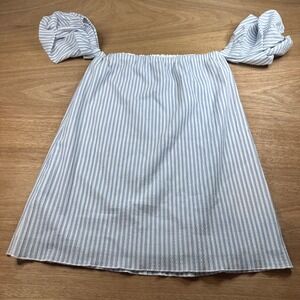 Rampage Womens L Blue White Stripe Off Shoulder Puff Sleeve Seersucker Top